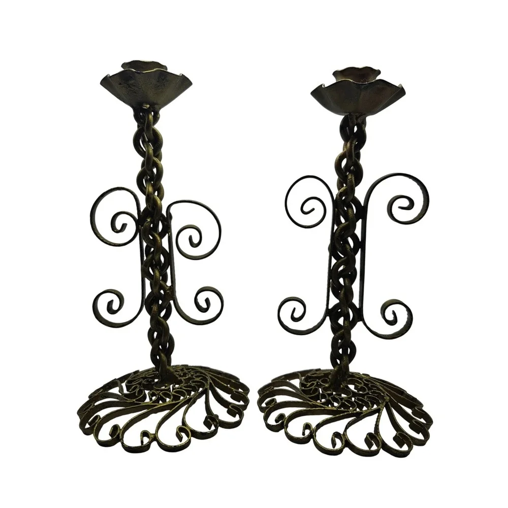 Vintage Wrought Iron Candle Holders Pair Ornate Gold Tone Metal‎ Candlesticks